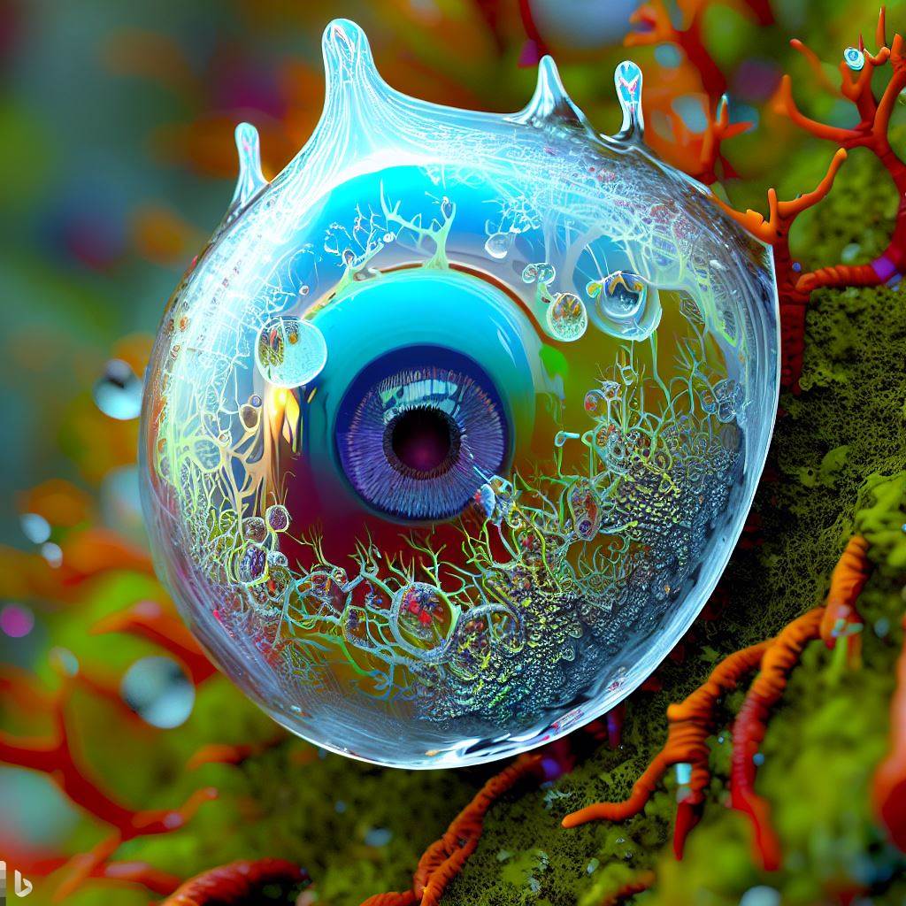 3D hyper-detailed joyfully bursting raindrop with lichen nano-circuitry woven into iris-stroma eye-pupil at its core, spattering wet rainforest moss synapses, mirroring recursion.jpg